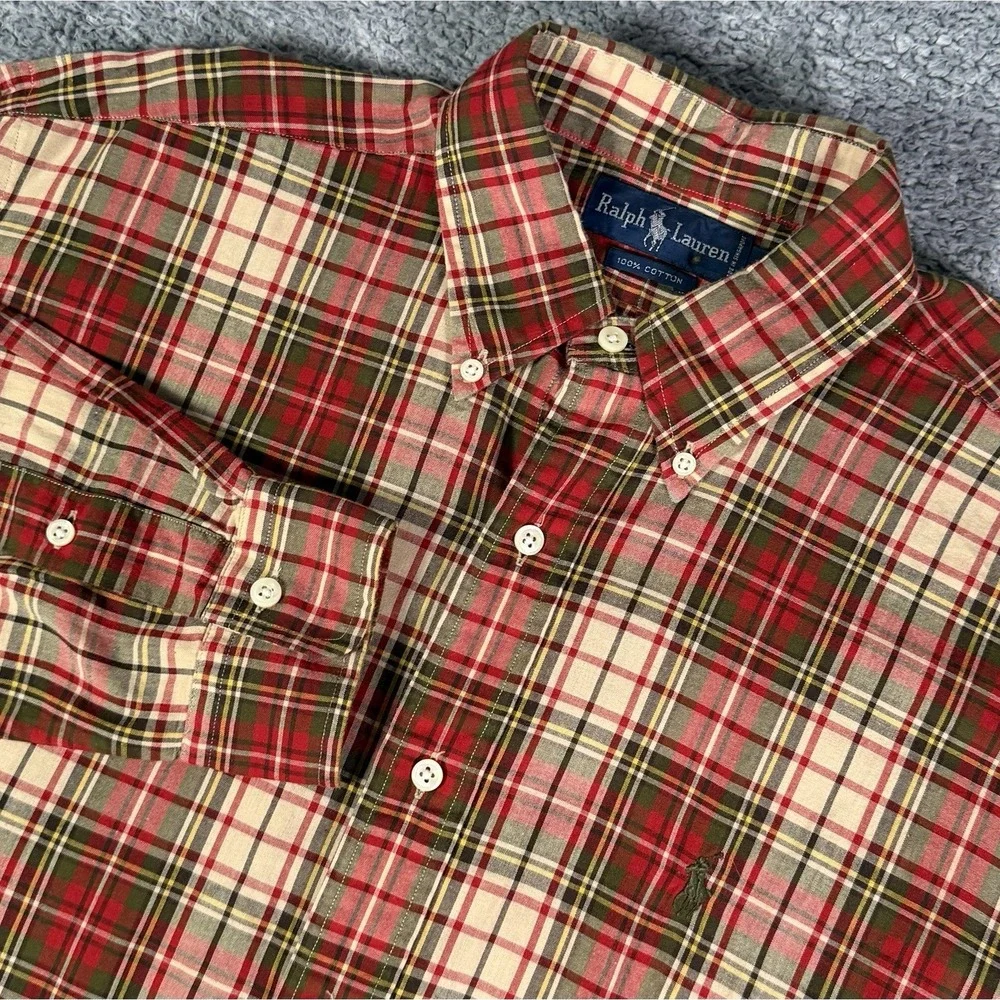 Vintage Ralph Lauren Shirt Red Green Tartan Plaid Button Down Mens Medium Pony